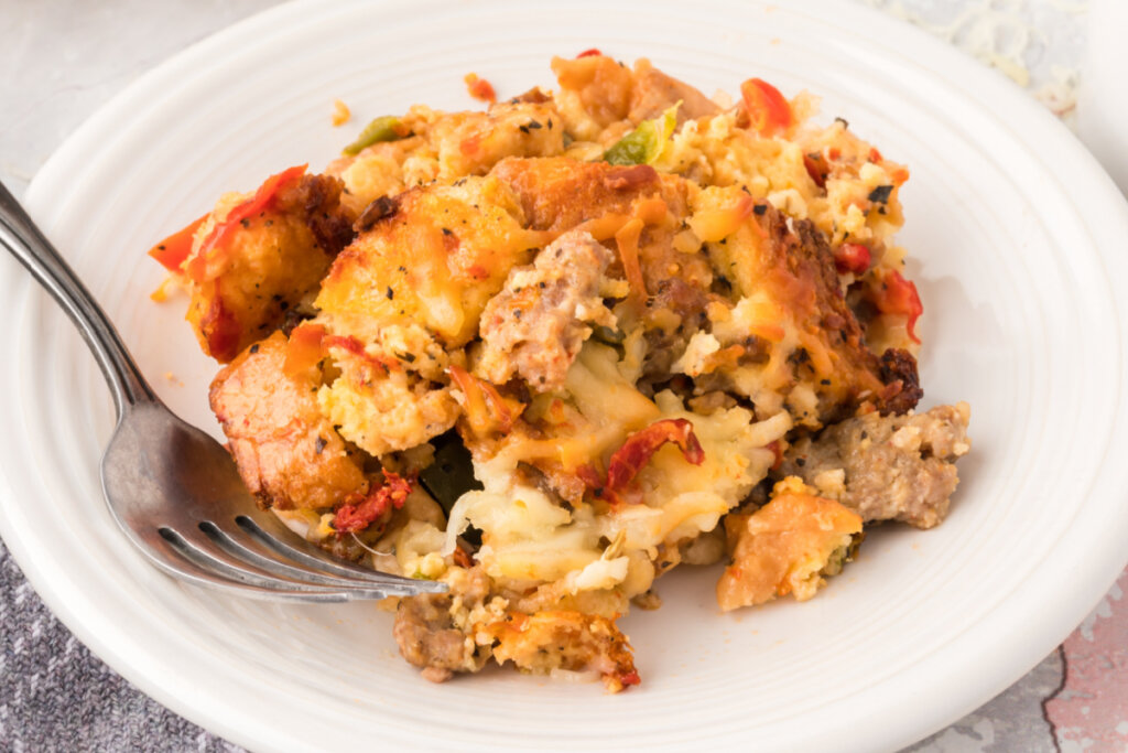 italian breakfast strata on white plate