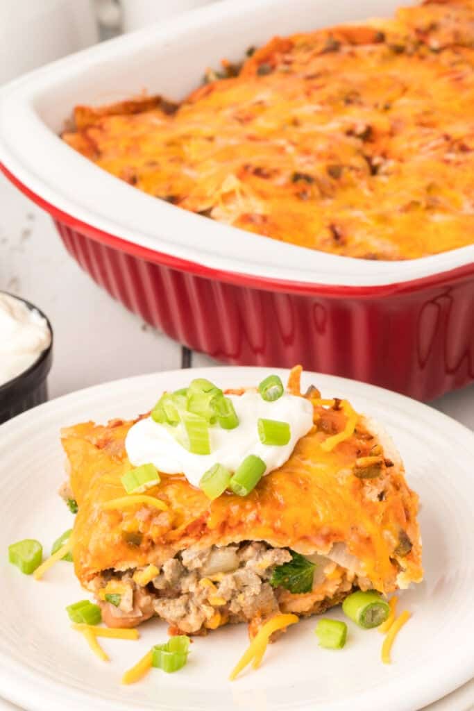 plated serving of beef and bean enchilada casserole topped with sour cream and green onions