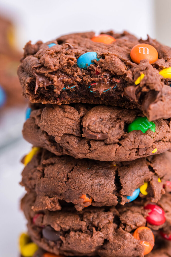 stack of m&m chocolate pudding cookies