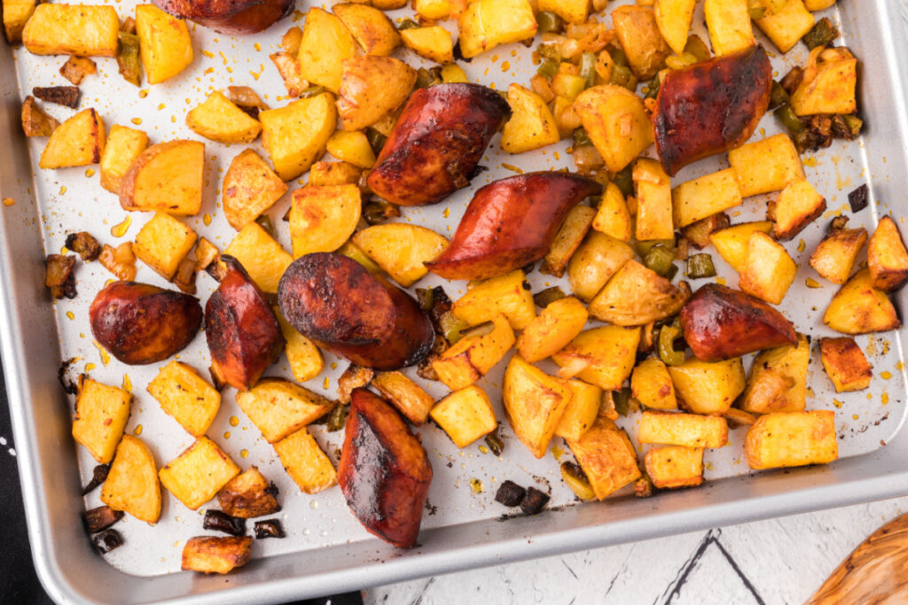 sausage and potatoes on sheet pan