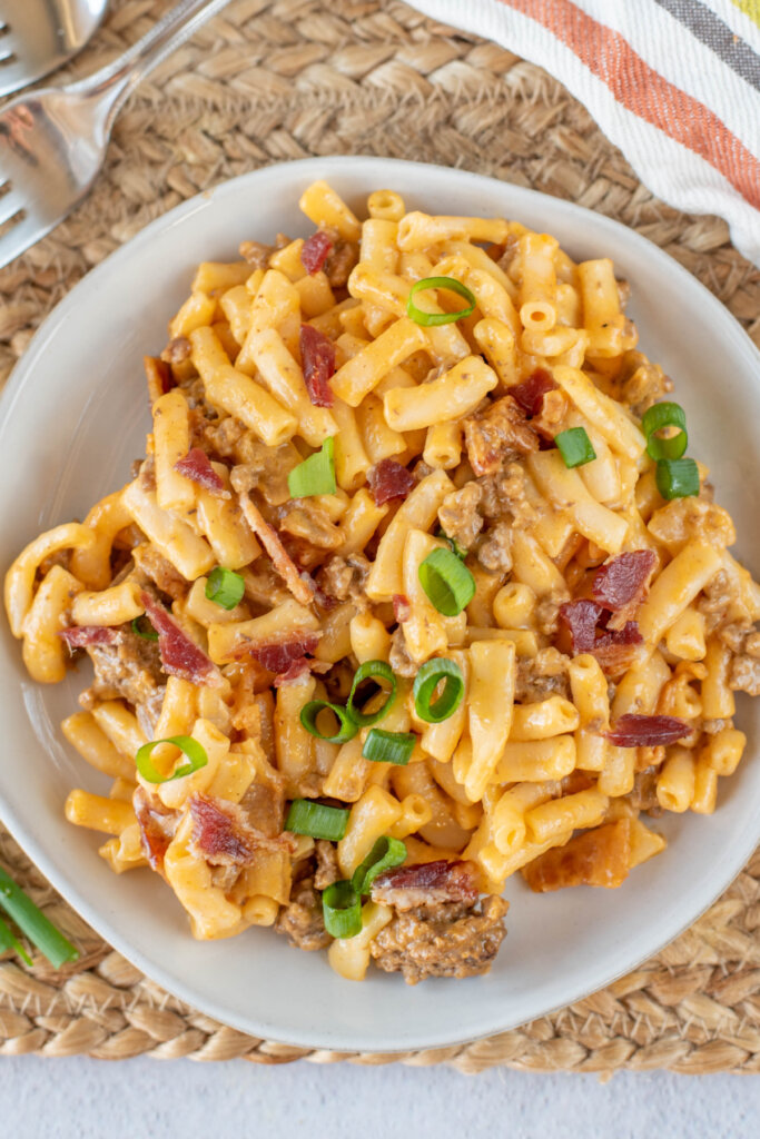 looking down into a bowl with beefy bbq mac and cheese