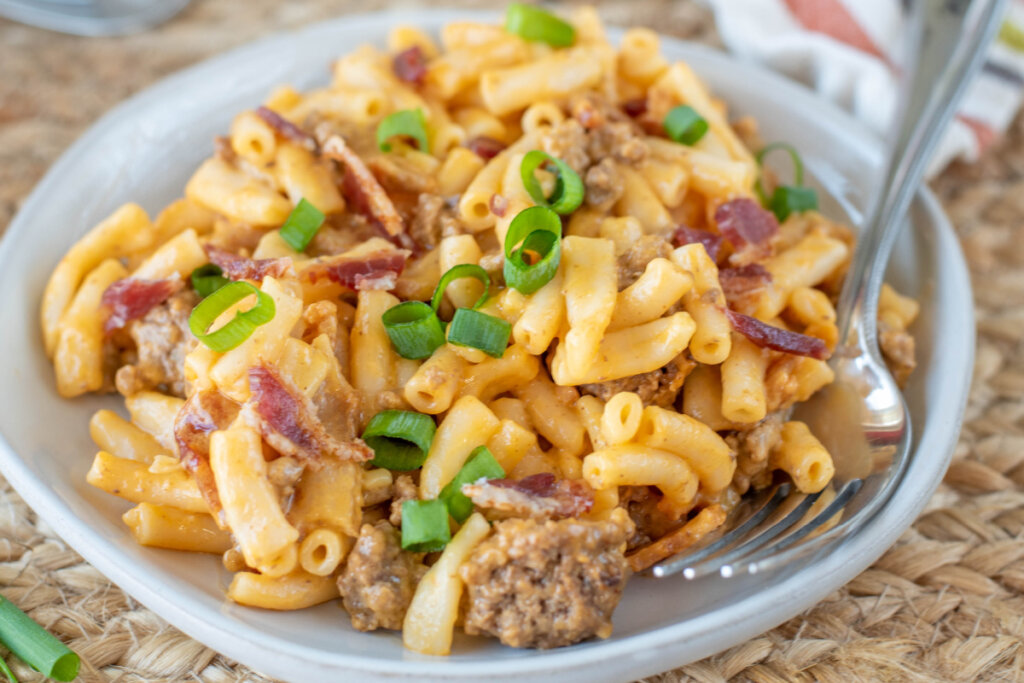 beefy bbq mac and cheese in bowl