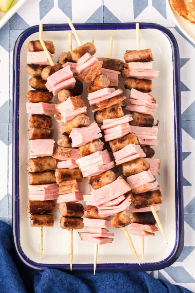 Savory breakfast kabobs with sausage and ham for Breakfast Kabobs and Mini Pancakes