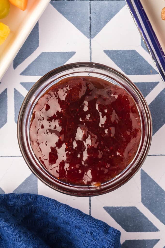 Raspberry strawberry preserves for dipping sauce in Breakfast Kabobs and Mini Pancakes