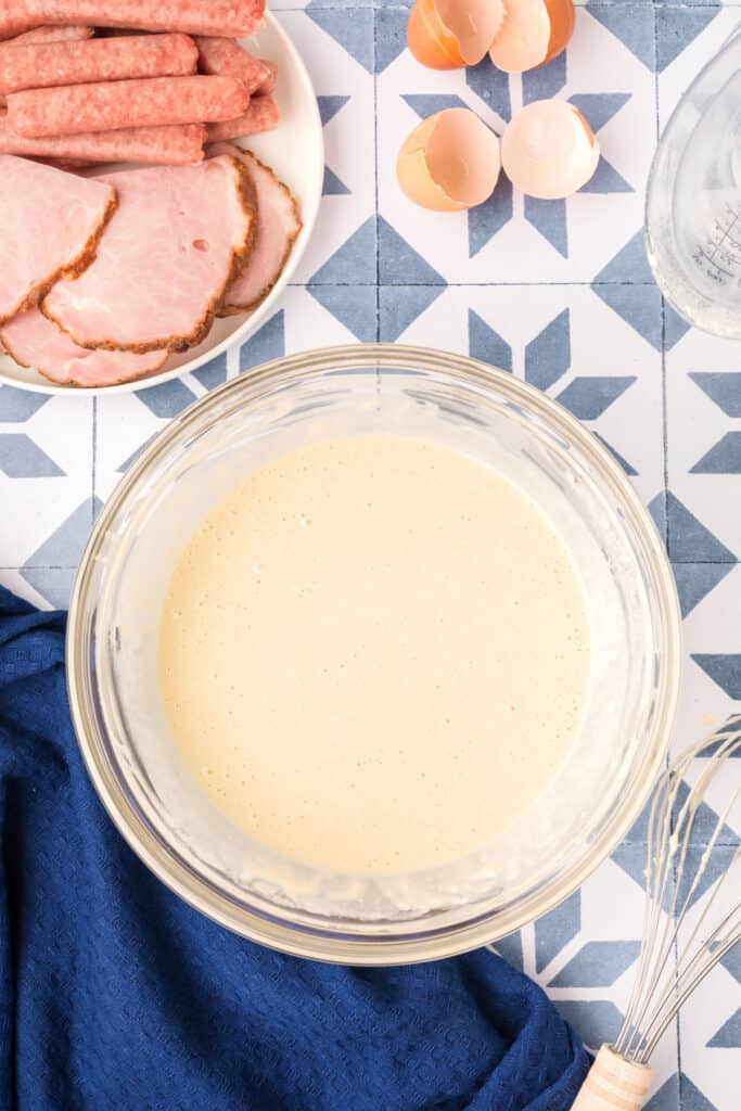 Mixed pancake batter in bowl for Breakfast Kabobs and Mini Pancakes recipe