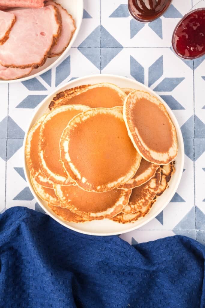 Stack of mini pancakes for Breakfast Kabobs and Mini Pancakes with dipping sauces