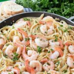 skillet of shrimp scampi with pasta