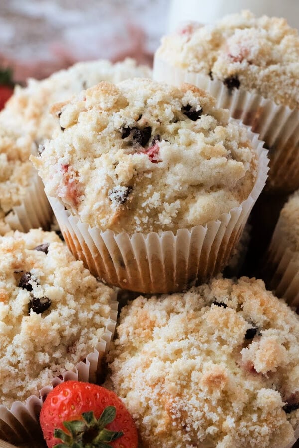 Close up of Strawberry chocolate chip muffins to show texture.