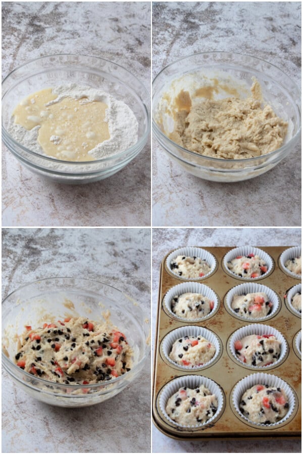 Preparing the batter and adding strawberries and chocolate chips before adding to tin to bake