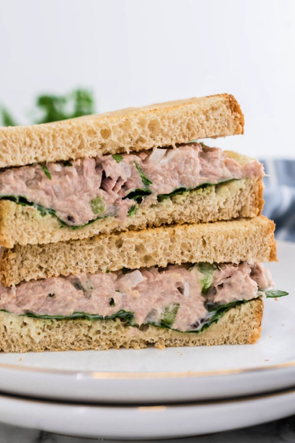 tuna sandwich cut in half and stacked