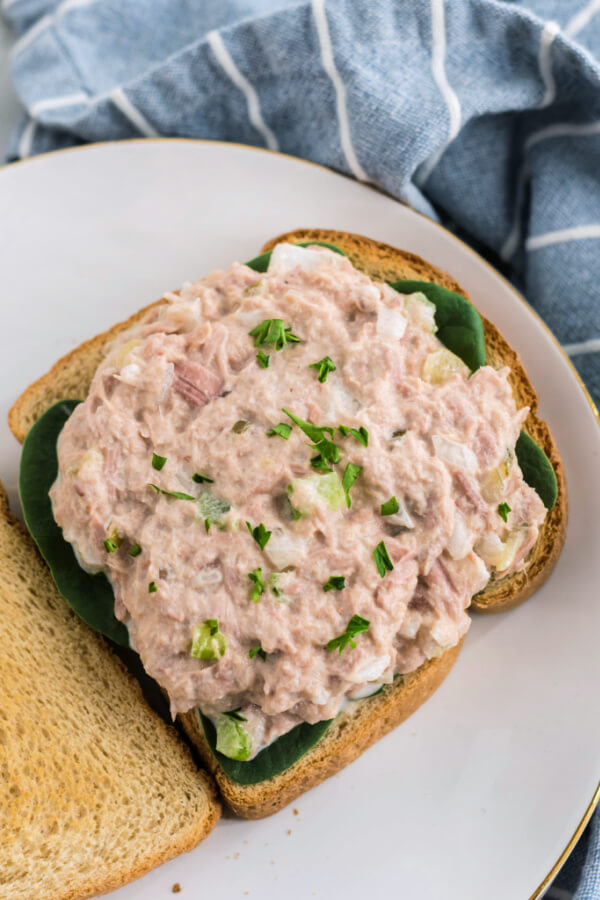tuna salad filling on bread slice