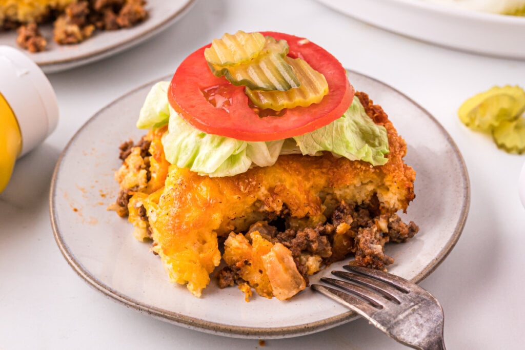 cheeseburger casserole slice on plate