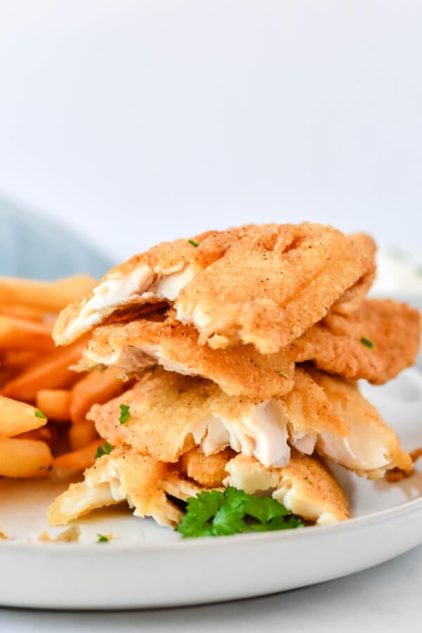flaky fish fillet broken in half and stacked on top of each other