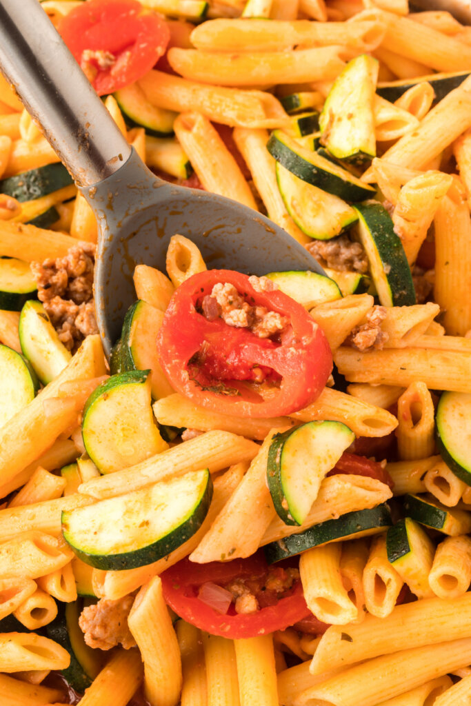 closeup pork zucchini skillet dinner