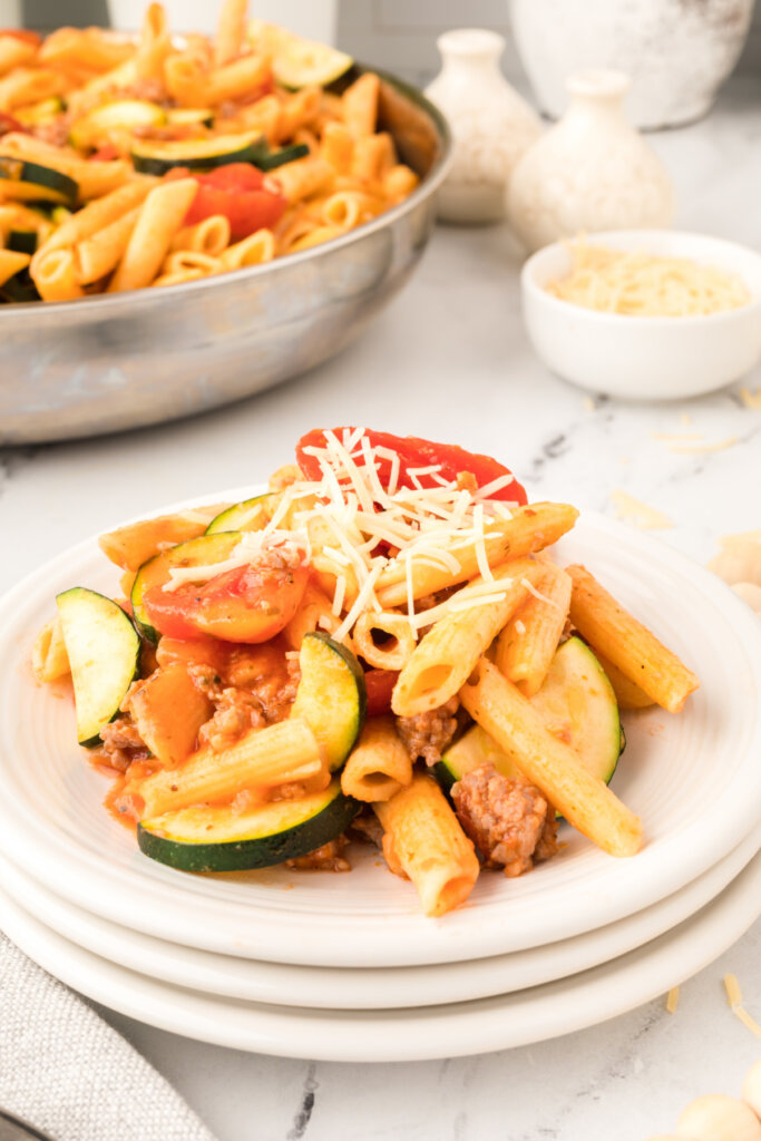 portion of pork zucchini skillet dinner on plate