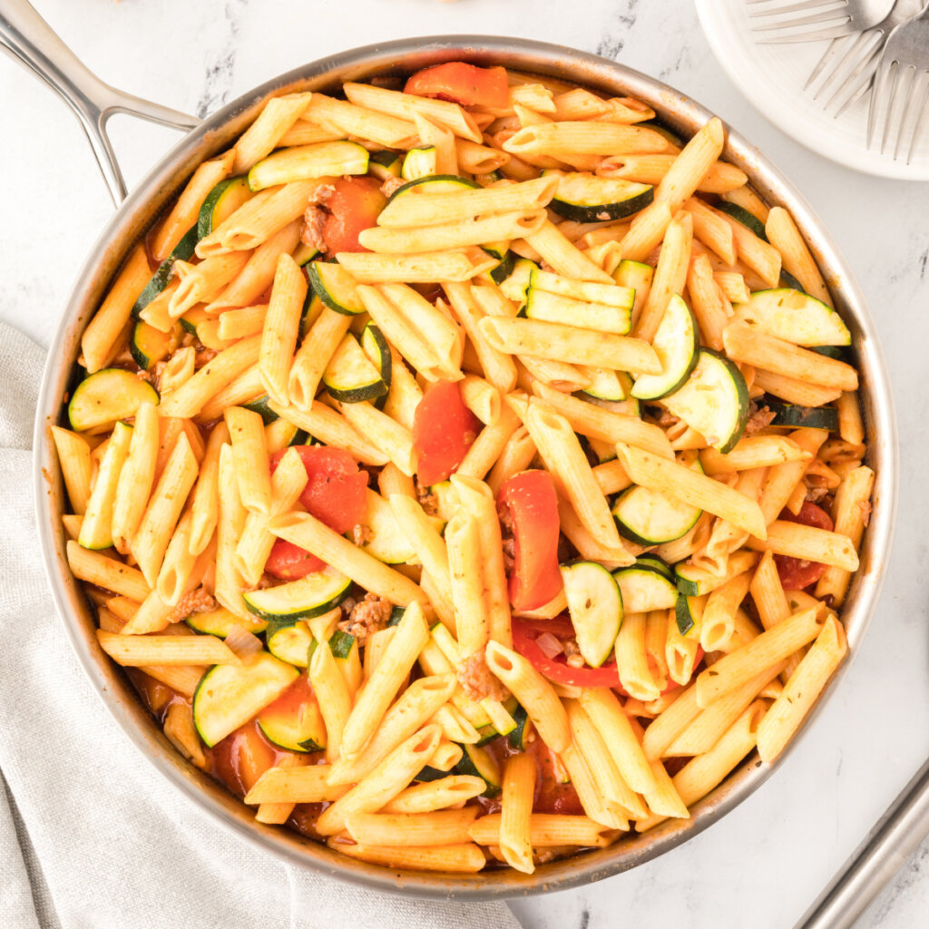 pork zucchini skillet dinner in pan