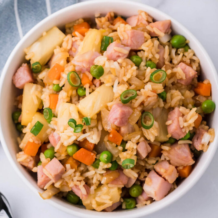 bowlful of ham and pineapple fried rice