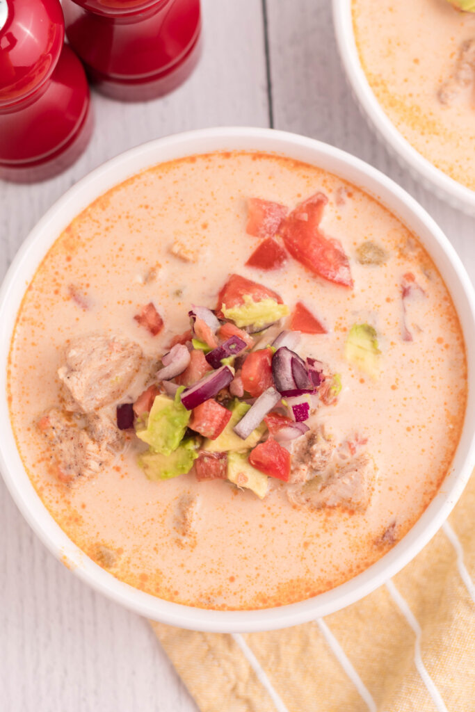 looking down into a bowl of king ranch chicken soup