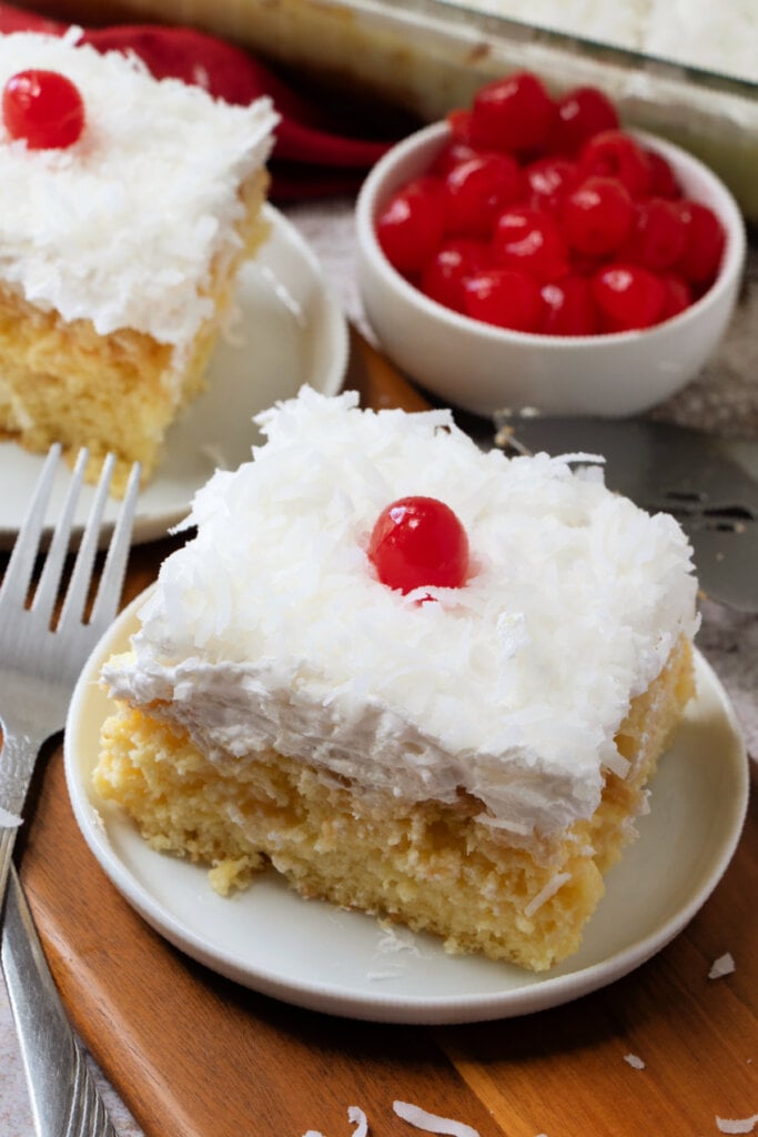 looking down onto slices of cake on plates