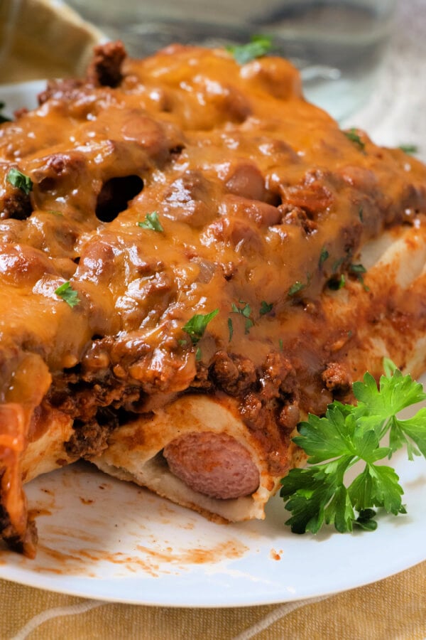 chili dog casserole on plate