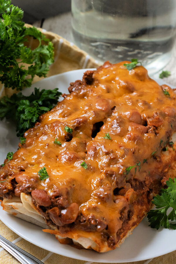 finished chili dog casserole on plate