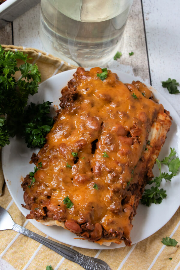 looking down onto a portion of the finished casserole on a plate