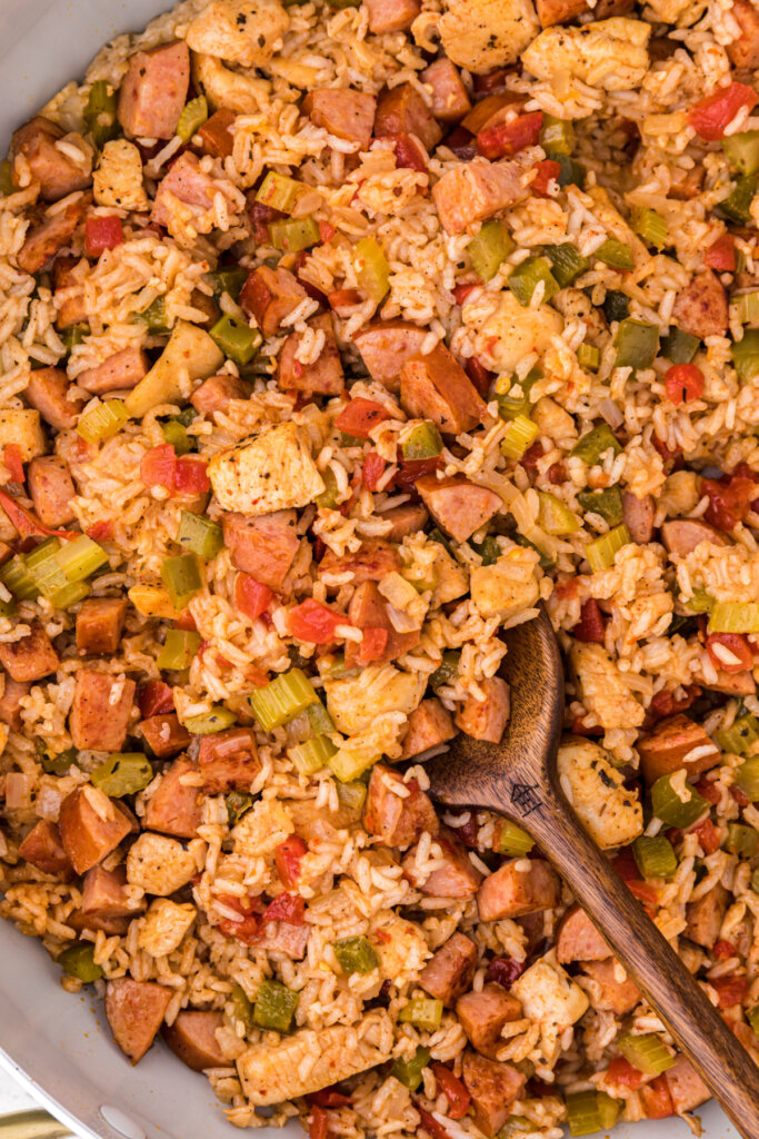 looking down into skillet with jambalaya