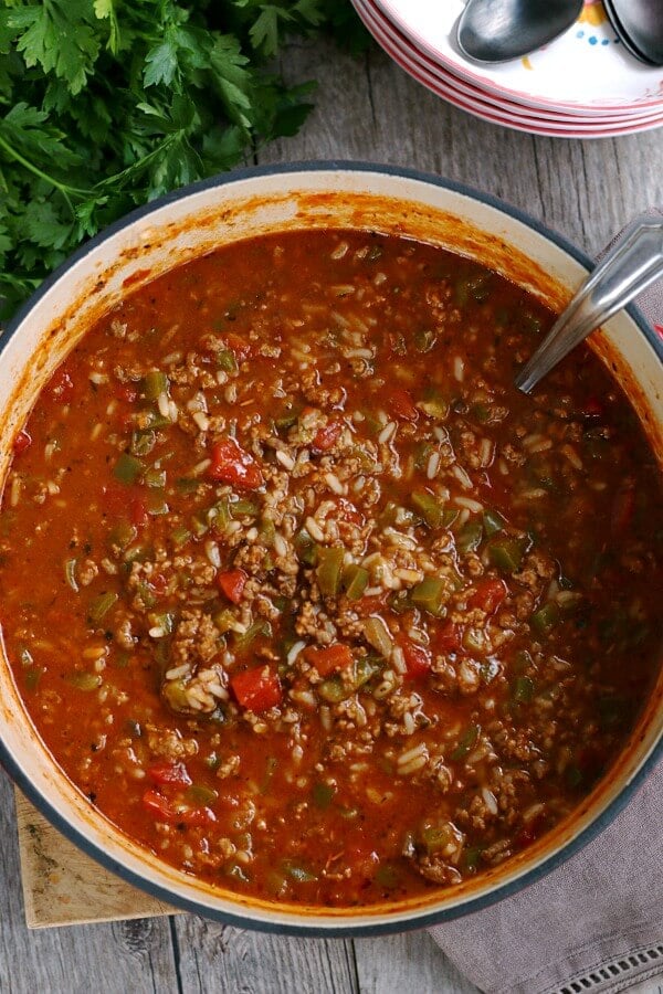 pot of stuffed pepper soup