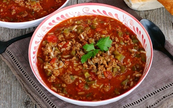 closeup pf stuffed pepper soup in bowl