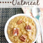 Pumpkin Pie Oatmeal in bowl close up with spoon.