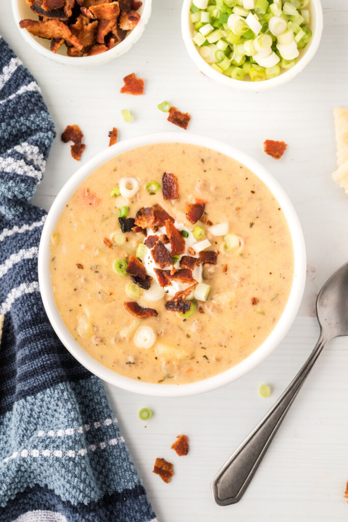 looking down into a bowl of cheeseburger soup