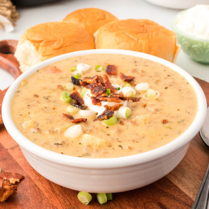 cheeseburger soup in white bowl