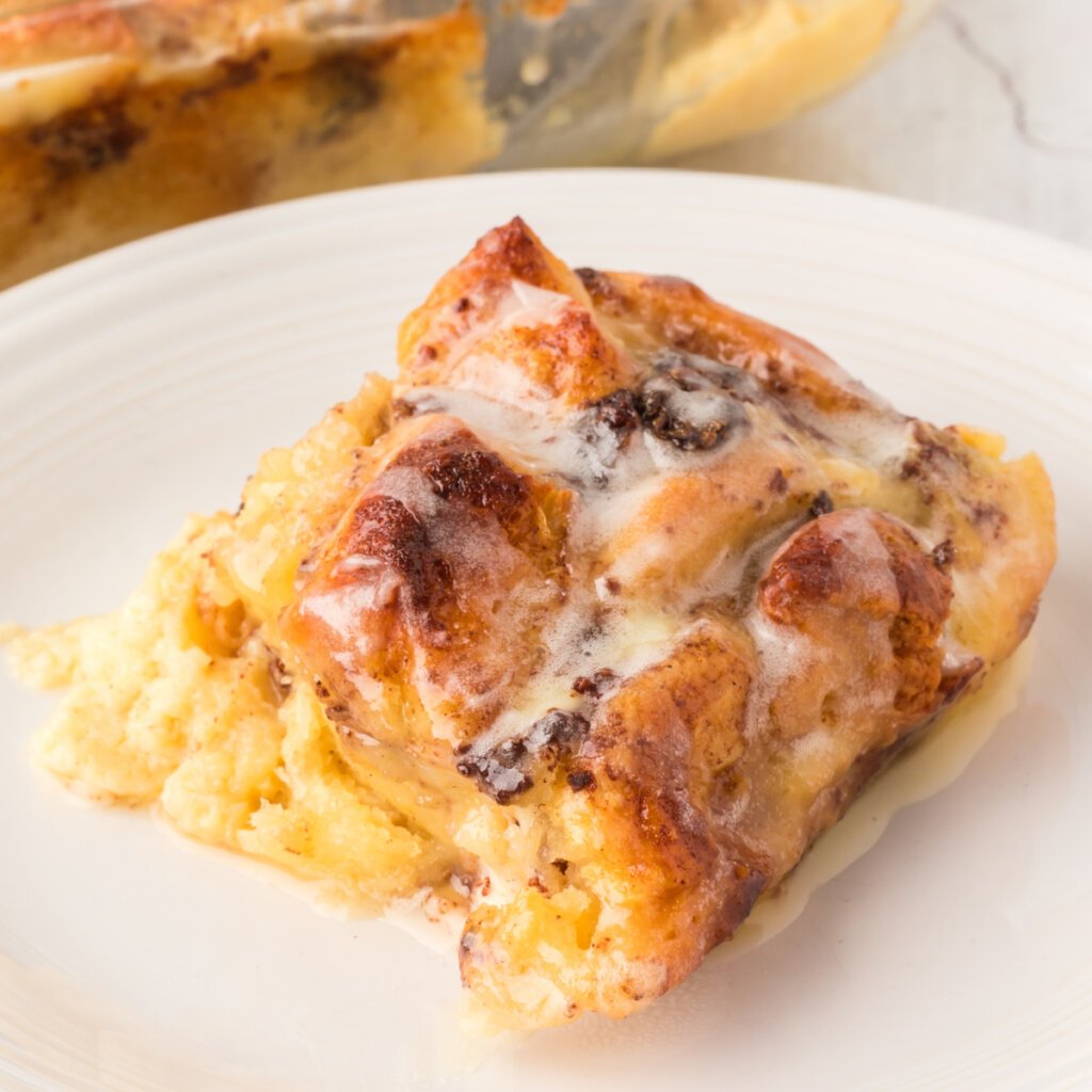 square of cinnamon roll casserole on plate