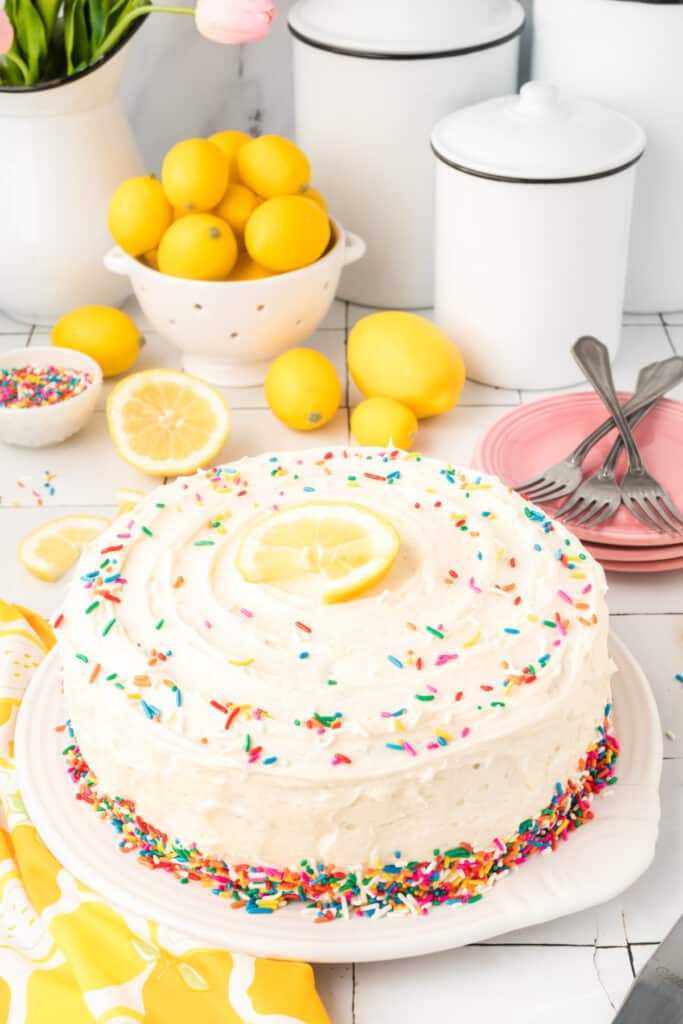 lemon funfetti cake frosted and decorated