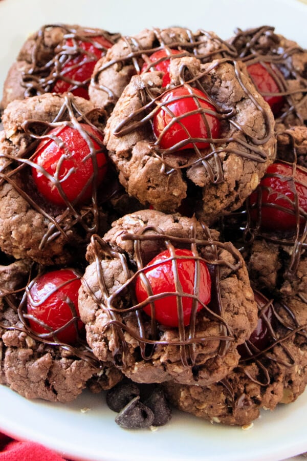 chocolate cherry thumbprints cookies on plate