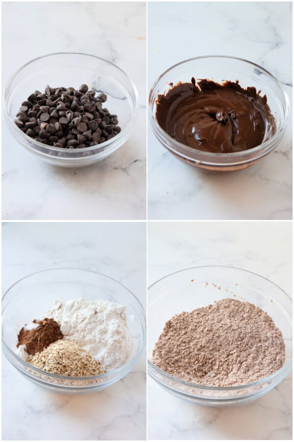 melting the chocolate and mixing the dry ingredients together