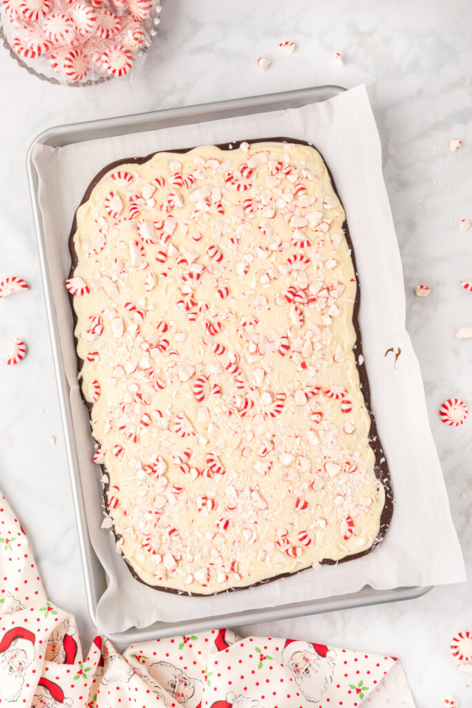 finished peppermint bark on baking sheet before being broken into pieces