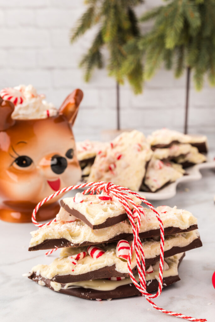 pieces of peppermint bark stacked and tied with a string