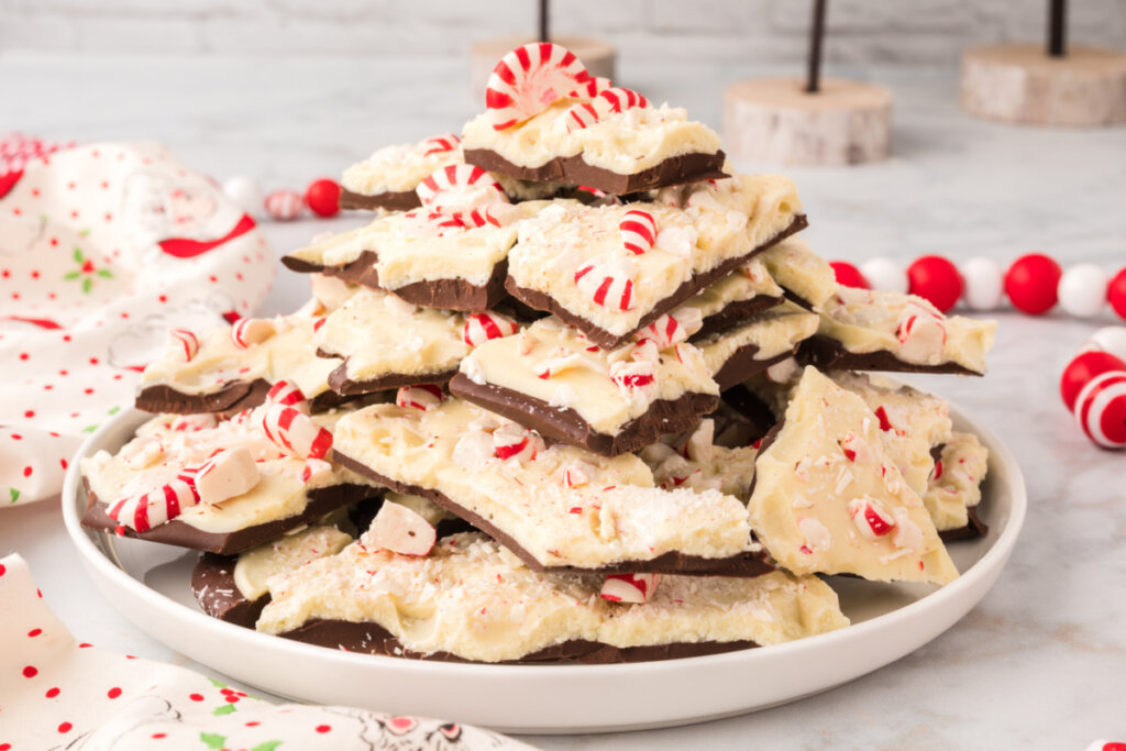 peppermint bark stacked on plate