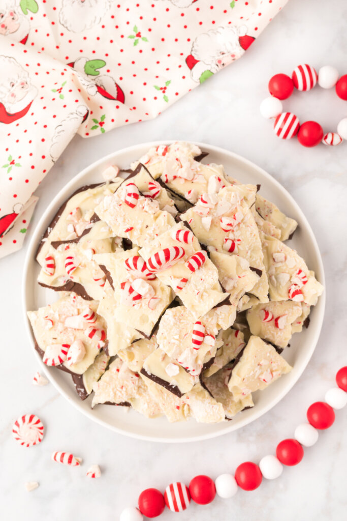 looking down onto a plate filled with stacked peppermint bark