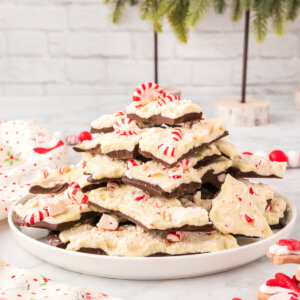peppermint bark stacked on plate