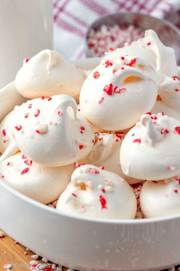 Peppermint Meringues in a white bowl.
