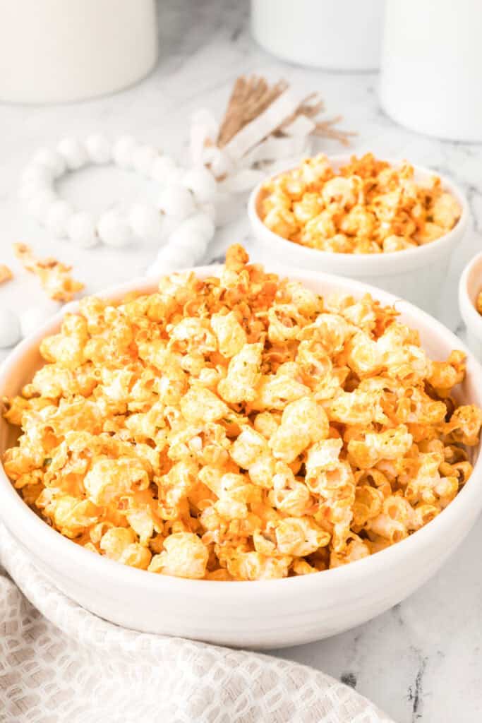 Close-up of Buffalo Ranch Popcorn with spicy buffalo flavor and ranch seasoning