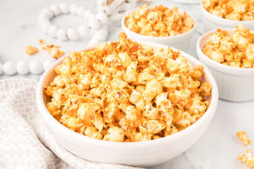 Buffalo Ranch Popcorn served in bowls for football party snacks