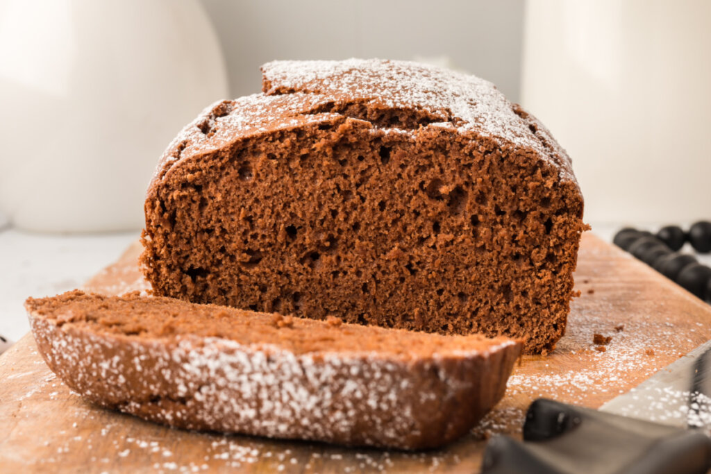 cut loaf of chocolate pound cake