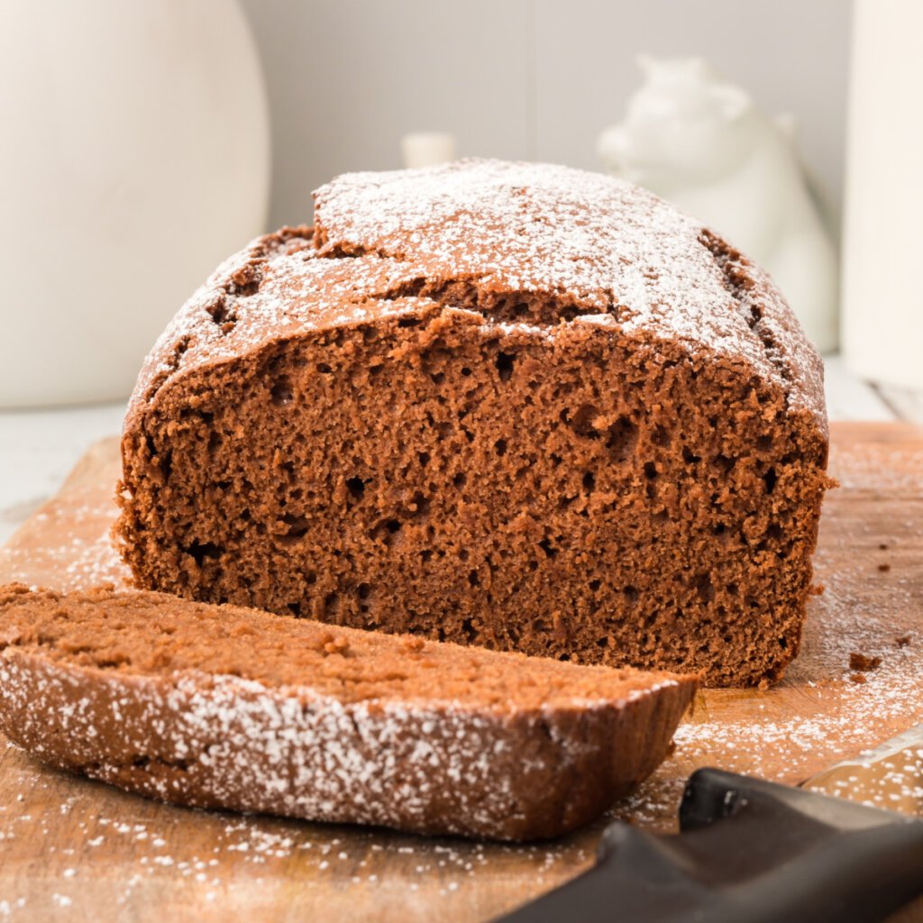 chocolate pound cake loaf with slice cut