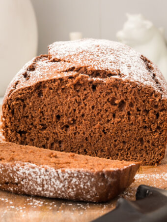 chocolate pound cake loaf with slice cut