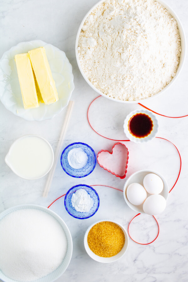 Ingredients to make heart cookies.