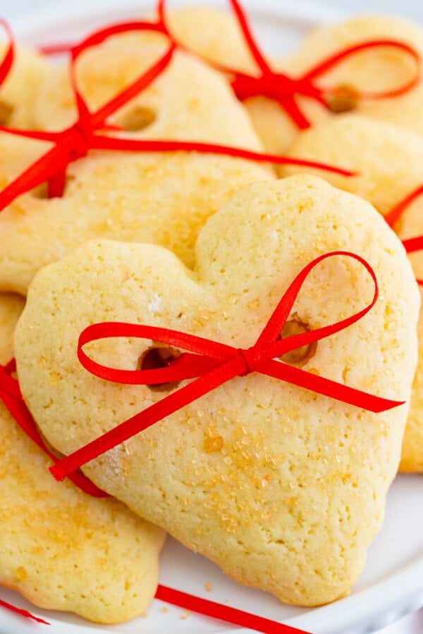 Heart cookies closeup to show texture.