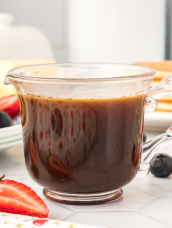 homemade vanilla pancake syrup in glass container